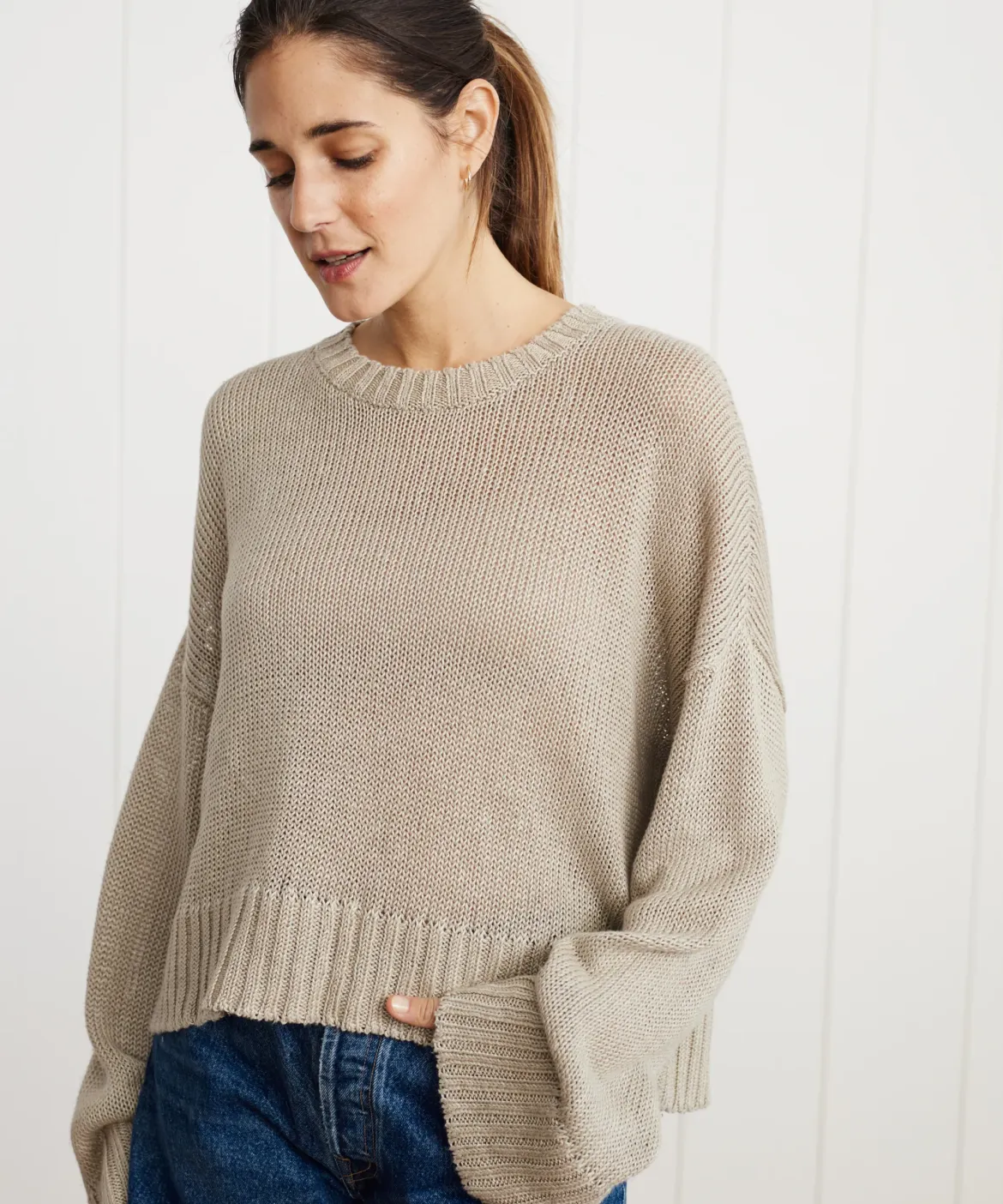 Jenni Kayne Cropped Linen Crewneck Natural Outlet
