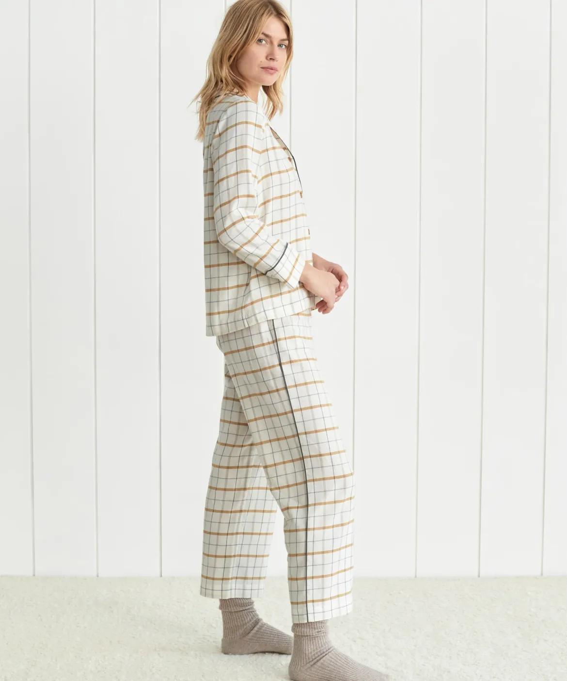 Jenni Kayne Flannel Pajama Top Ivory Plaid New