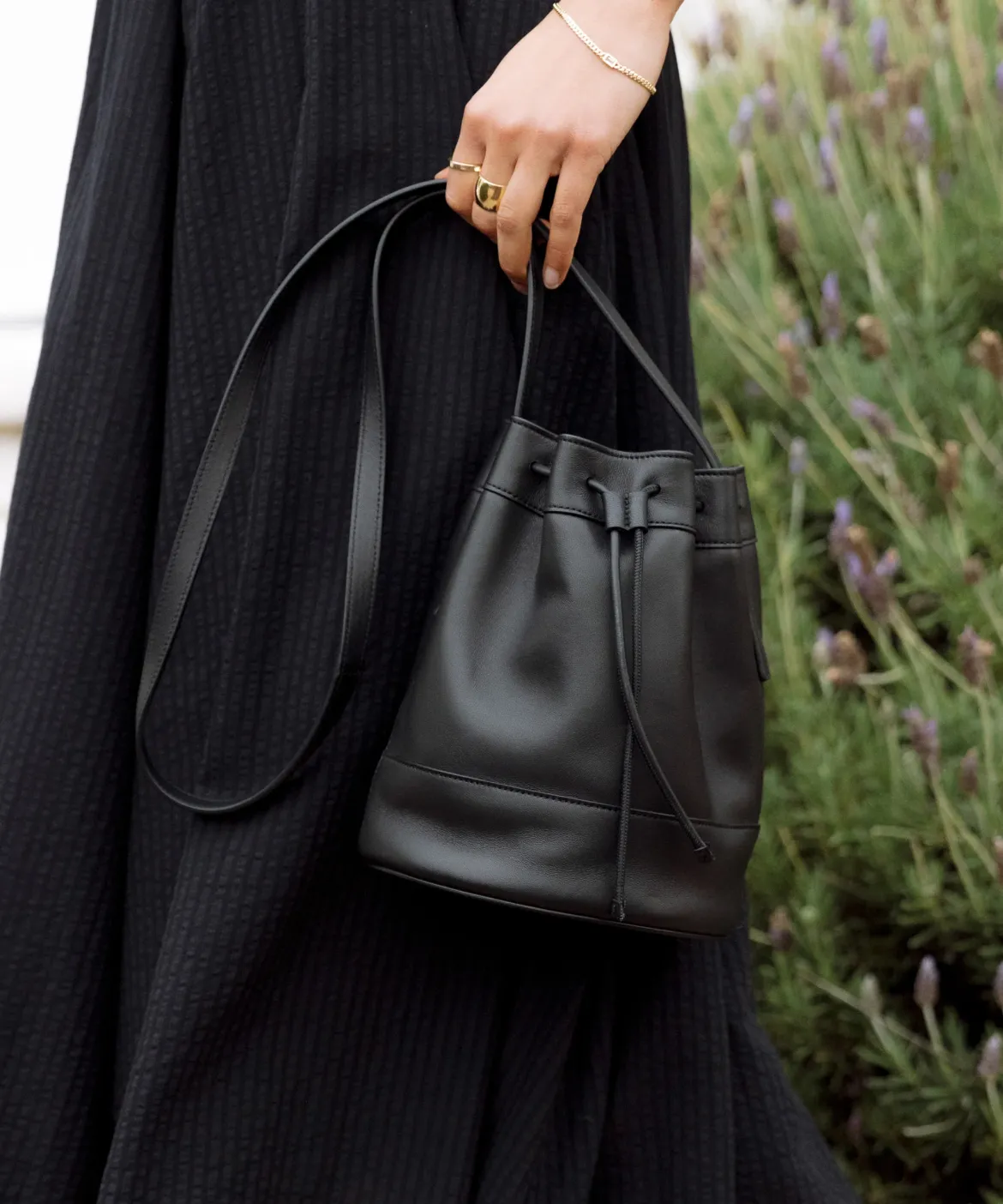 Jenni Kayne Mini Leather Drawstring Bag Black New