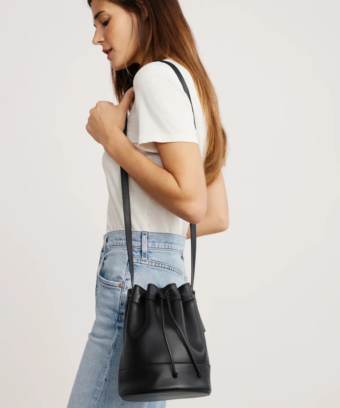 Jenni Kayne Mini Leather Drawstring Bag Black New