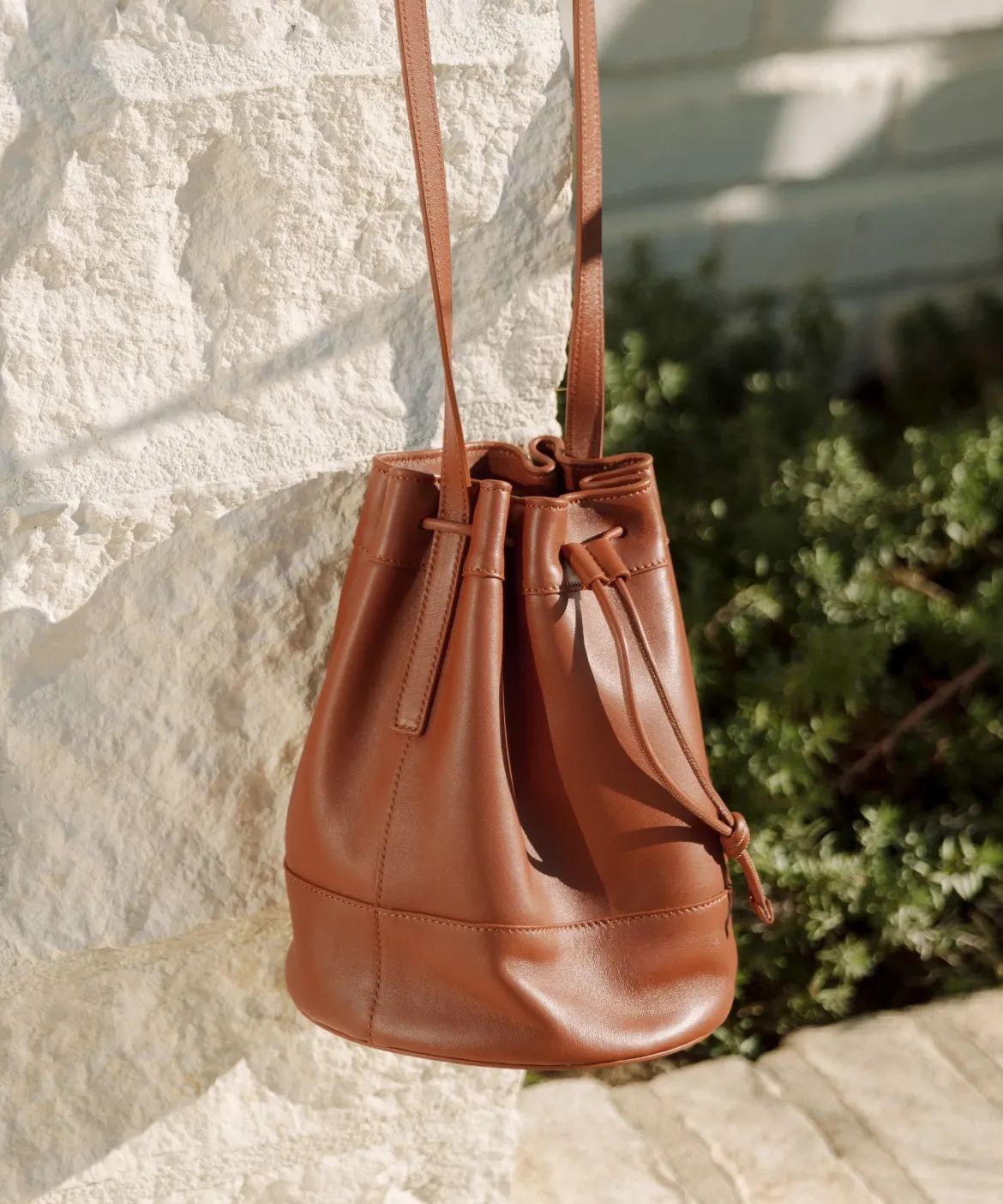 Jenni Kayne Mini Leather Drawstring Bag Saddle Hot